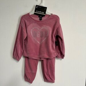 New BEBE 2 Piece Velour Rose Blush Toddler Size 4 Sweatsuit Cozy‎ Rhinestone ￼